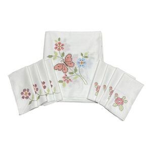 Large Banquet Butterfly Floral Tablecloth Matching 8 Napkin Place Setting VTG